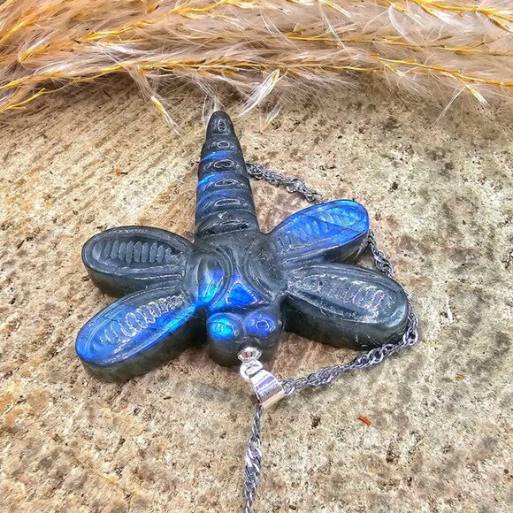 Nature Labradorite Carved Flashy Dragonfly Pendant Necklace - Picture 7 of 10